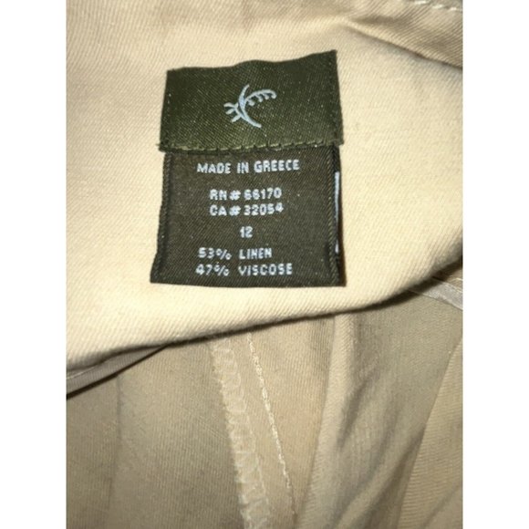 Linen Blend Pleated Skirt Big Zipper Khaki Tan Flare Western Boho Size 12 Greece - Picture 9 of 9